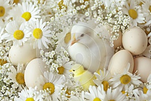 A Easter striped cute and adorable chick peers out curiously among white daisies and eggs, a quaint symbol of spring
