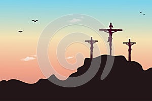 Jesus christ on the cross at calvary mountain with two thieves. Illustration of crucifixion of son of God for christain photo