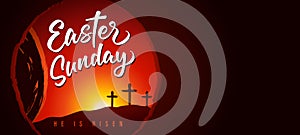 Easter Sunday calligraphy banner, tomb and cross on Calvary