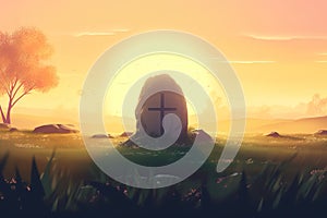 Easter Sunday concept: Empty tomb stone with cross on meadow sunrise background. Generative AI