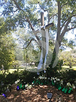 Easter Sunday Cross draped with white vil