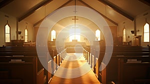 Easter sunday serene church interior with radiant light and colorful stained glass windows