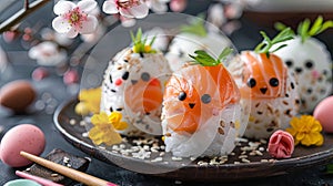 Easter sushi in the shape of cute chickens, background with flowers