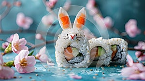 Easter sushi shaped like a bunny on blue table with spring flowers