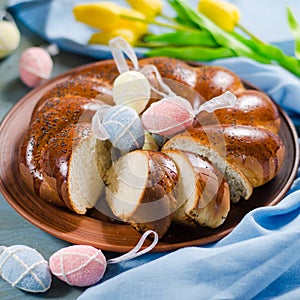 Easter sweet bread. Wicker homemade sliced bread.