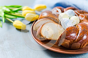 Easter sweet bread. Wicker homemade sliced bread.