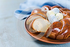 Easter sweet bread. Wicker homemade sliced bread.