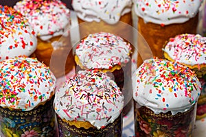 Easter sweet cakes with crumbs and frosting