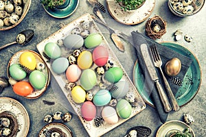 Easter table decoration colorful eggs vintage