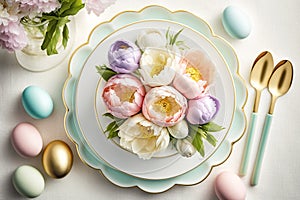 Easter table decoration with spring flowers and colorful Easter eggs AI Generated