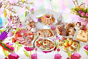 Easter table with dishes for traditional festive breakfast