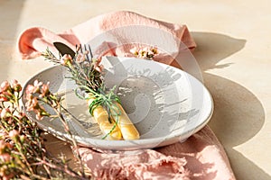 Easter table setting background with plate, cutlery set and pink flowers. Empty plate, advertising, menu. Bright sunlight and hard