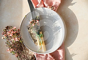 Easter table setting background with plate, cutlery set and pink flowers. Empty plate, advertising, menu. Bright sunlight and hard