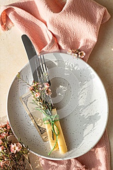 Easter table setting background with plate, cutlery set and pink flowers. Empty plate, advertising, menu. Bright sunlight and hard