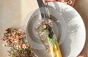 Easter table setting background with plate, cutlery set and pink flowers. Empty plate, advertising, menu. Bright sunlight and hard