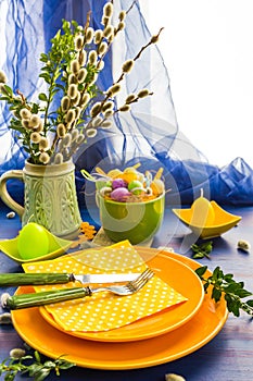 Easter table setting bunch willow catkins