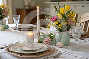 Easter table setting with candle and flowers