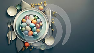 Easter table setting with colored eggs and cutlery. 3D rendering, top view