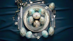 Easter table setting with colored eggs and cutlery. 3D rendering, top view