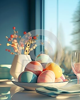 Easter table setting with colored eggs and cutlery, in a beautiful koinata interior