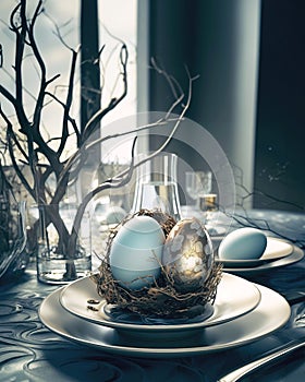 Easter table setting with colored eggs and cutlery, in a beautiful koinata interior