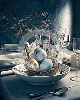 Easter table setting with colored eggs and cutlery, in a beautiful koinata interior