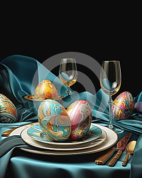 Easter table setting with colored eggs and cutlery, in a beautiful koinata interior