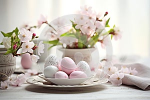 Easter table setting composition with colored eggs,light dishes and delicate apple blossoms, the concept of Easter design and