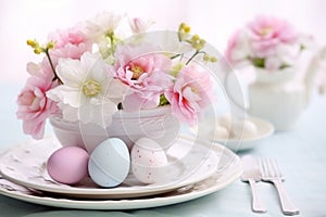 Easter table setting composition with colored eggs,light dishes and delicate flowers,the concept of Easter design and greeting