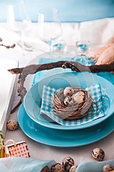 Easter table setting. Cutlery on table. Spring table setting