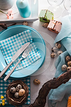 Easter table setting. Cutlery on table. Spring table setting