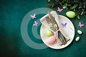 Easter table setting, Easter food background.