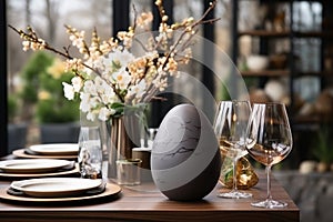 Easter table setting with egg, spring blossom flowers. Generative AI