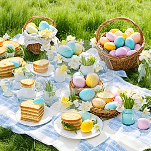 Easter table setting with eggs and cakes in basket on green grass