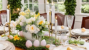 Easter Table Setting. A elegantly styled table setting with delicate sparkling glassware, and tastefully arranged Easter