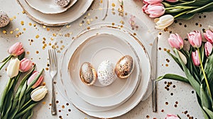 Easter table setting with golden eggs, tulips, and festive decorations. Generative AI
