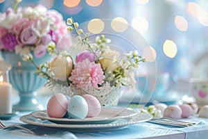 Easter table setting, including beautiful dishes, colored eggs on a plate and a delicate bouquet of flowers, the concept of Easter