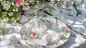 Easter table setting with painted eggs, spring flowers and crockery