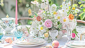 Easter table setting with painted eggs, spring flowers and crockery