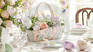 Easter table setting with painted eggs, spring flowers and crockery