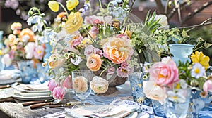 Easter table setting with painted eggs, spring flowers and crockery