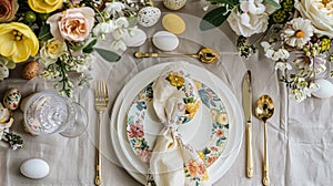 Easter table setting with painted eggs, spring flowers and crockery