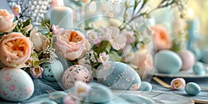 Easter table setting with pink and blue Easter eggs. Easter morning. Generative AI