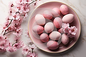 Easter table setting with pink eggs and spring blossom flowers. Generative AI