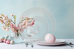 Easter table setting with pink eggs, spring blossom flowers. Generative AI