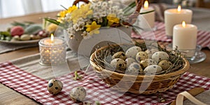 Easter table setting with quail eggs. Rustic table setting with quail eggs for Easter holiday