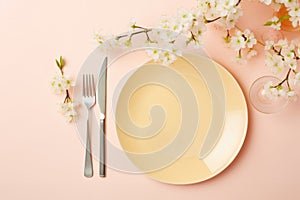 Easter table setting with spring blossom flowers. Generative AI