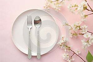 Easter table setting with spring blossom flowers. Generative AI