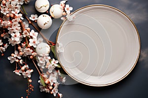 Easter table setting with spring blossom flowers. Generative AI