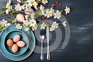 Easter table setting with spring blossom flowers. Generative AI